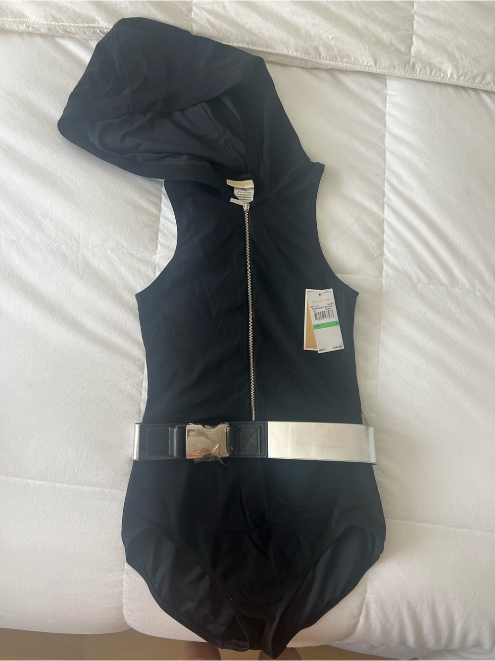 Michael Kors Black Zipper Hooded one piece  with Silver Accent belt